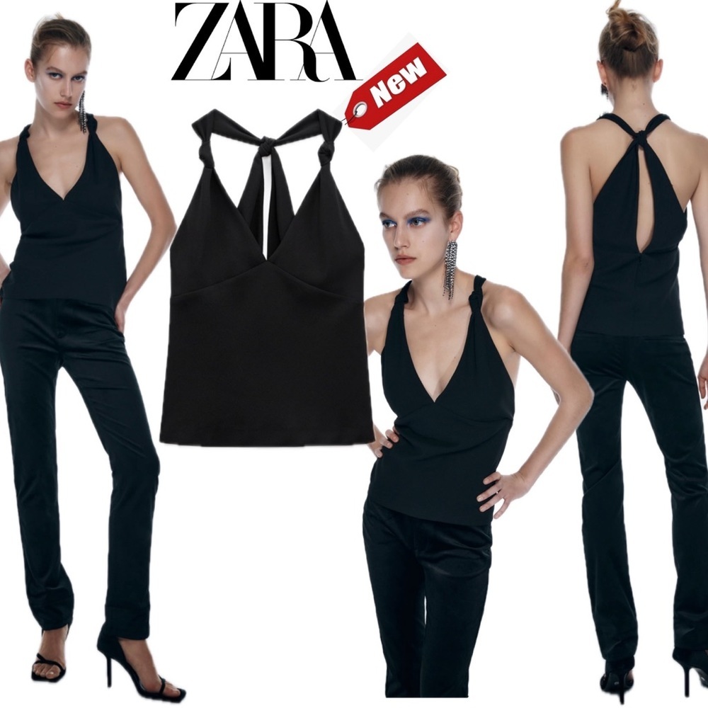 Zara tie knot shoulder strappy V-neck crisscross back black top Sz S NWT